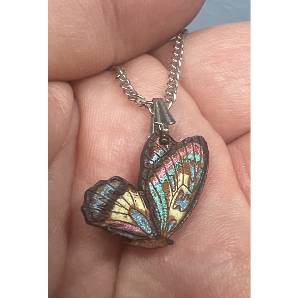 Butterfly Wood Necklace Earrings Set Silver Metal